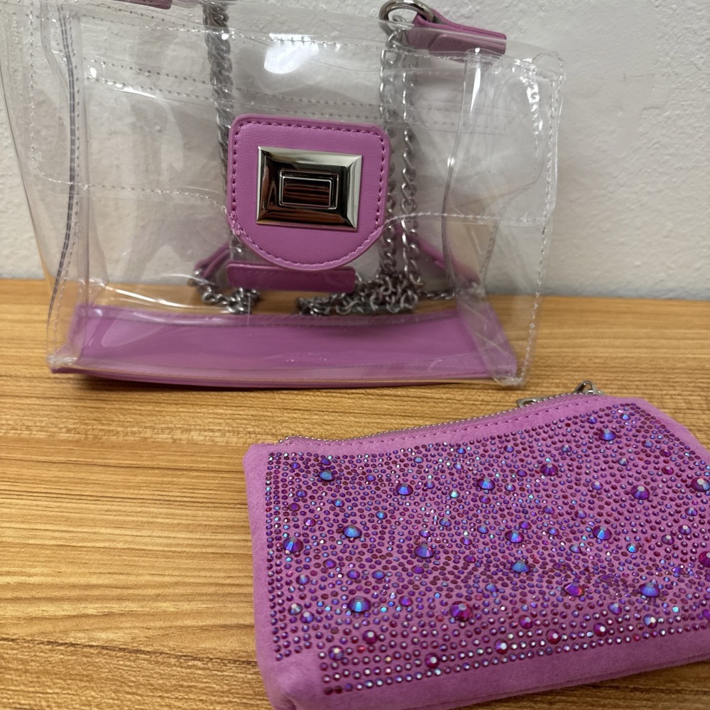 Steve Madden Clear bag Woman's Silver  Tone Turnlock Closure  with‎ Pink Sparkle
